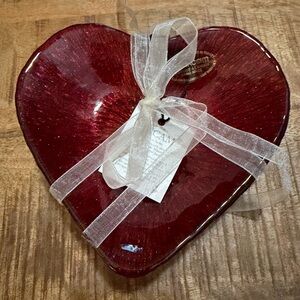 4 Akcam Red Glass Heart Appetizer Dessert Plate Dish Set Valentine Love NEW